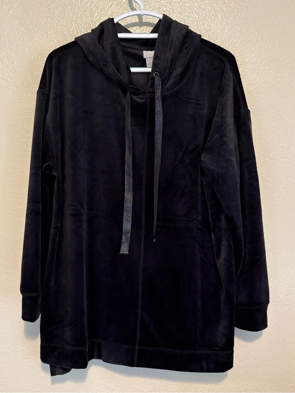 Chicos Zenergy Black Velvet Velour Pullover Hoodie Tunic Slouchy Women Size 3